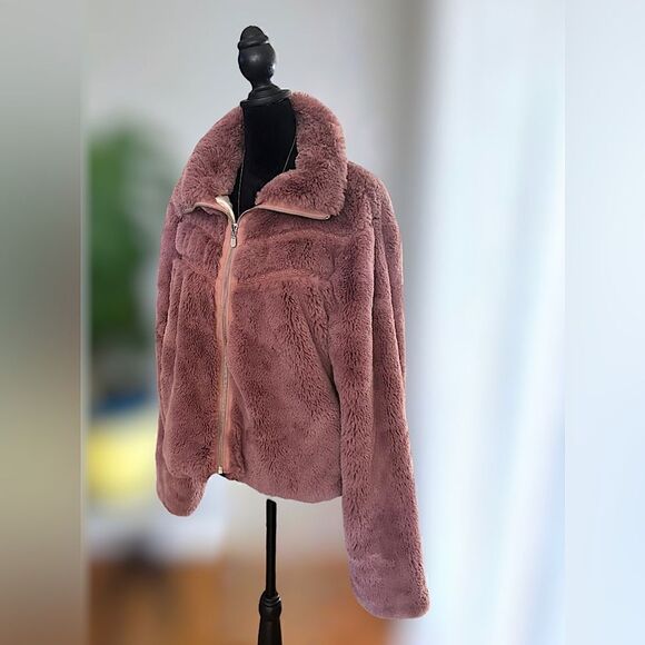 Anthropologie Faux Fur Jacket Teddy Bomber Chevron Detail Size L - Picture 7 of 16